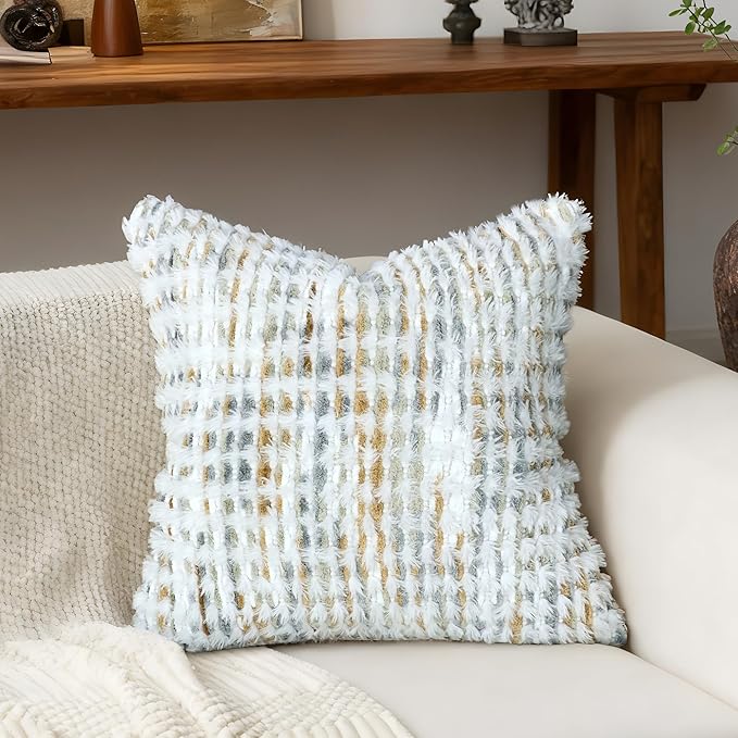 Boho Chenille Tufted Pillow Cover 24x24 Inch Set of 1, Farmhouse Striped Decorative Pillow Covers Accent Fluffy Neutral Square Pillowcases for Couch Sofa Bedroom Living Room, Gray Khaki