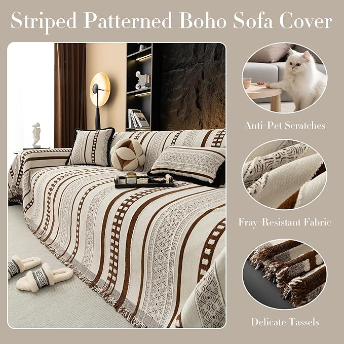 Striped Couch Cover Blankets, Boho Couch Covers, Sofa Blanket Cover for Dogs, Medium Couch Covers for Recliner and Chair, Chenille Sofa Covers Washable Sectional(1pc/Brown/71 x 71")