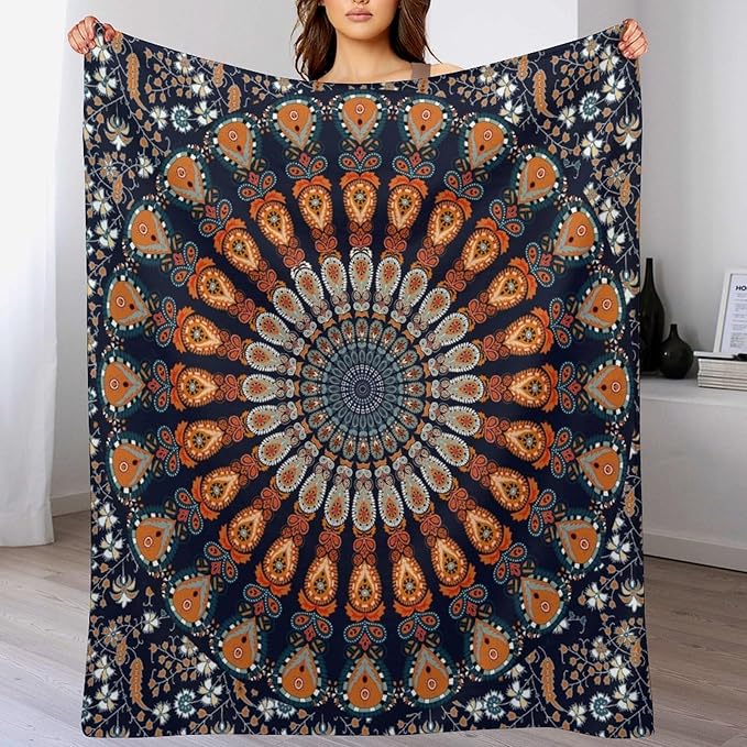 Indian Hippie Bohemian Throw Blanket Beautiful Peacock Mandala Blanket for Sofa Bed Couch Chair Or Dorm 30"x40"