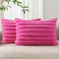Pallene Faux Fur Plush Lumbar Throw Pillow Covers 12x20 Set of 2, Luxury Soft Fluffy Striped Decorative Pillow Covers for Sofa, Couch, Living Room, Hot Pink