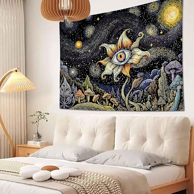 Yeoiat Tapestry Cosmic Flower Tapestries Mushroom Landscape Wall Hanging Starry Night Visionary Botanical Art Decor Bedroom Dormitory 60"x44"