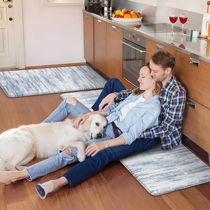 KIMODE Anti Fatigue Kitchen Mats 17"x47"+17"x29", Abstract Kitchen Rugs Sets of 2, Non Slip Kitchen Mats for Floor, Cushioned Comfort Standing Mats for Sink, Laundry, Office, Desk Multi-Blue