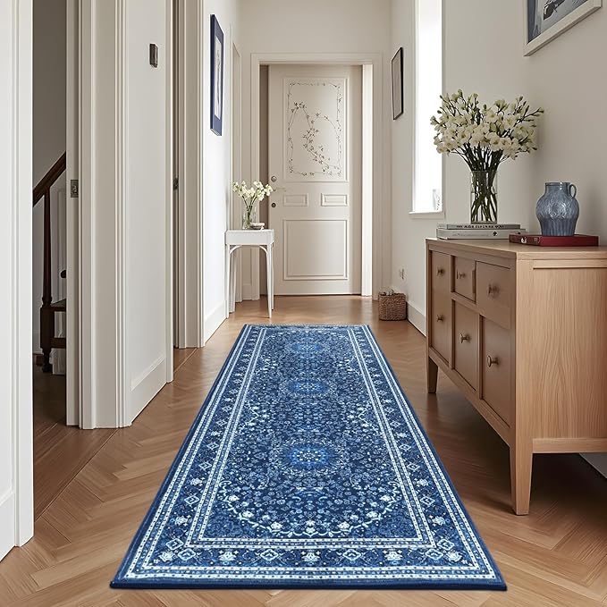 Lessymo 2 x 6 Runner Rug- Machine Washable Area Rugs Boho Faux Wool Low Pile Area Rug for Bedroom, Floral Medallion Vintage Rugs with Non-Slip Rubber,Blue White