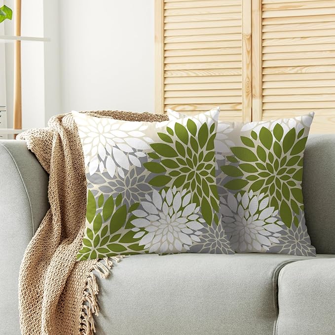 Lime Green White Grey Gray Pillow Covers 18X18 Inch Set of 2, Modern Dahlia Floral Print Decorative Throw Pillow Covers Outdoor Farmhouse Cushion Case for Home Couch Sofa Bed Decoration