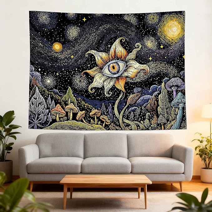 Yeoiat Tapestry Cosmic Flower Tapestries Mushroom Landscape Wall Hanging Starry Night Visionary Botanical Art Decor Bedroom Dormitory 80"x60"
