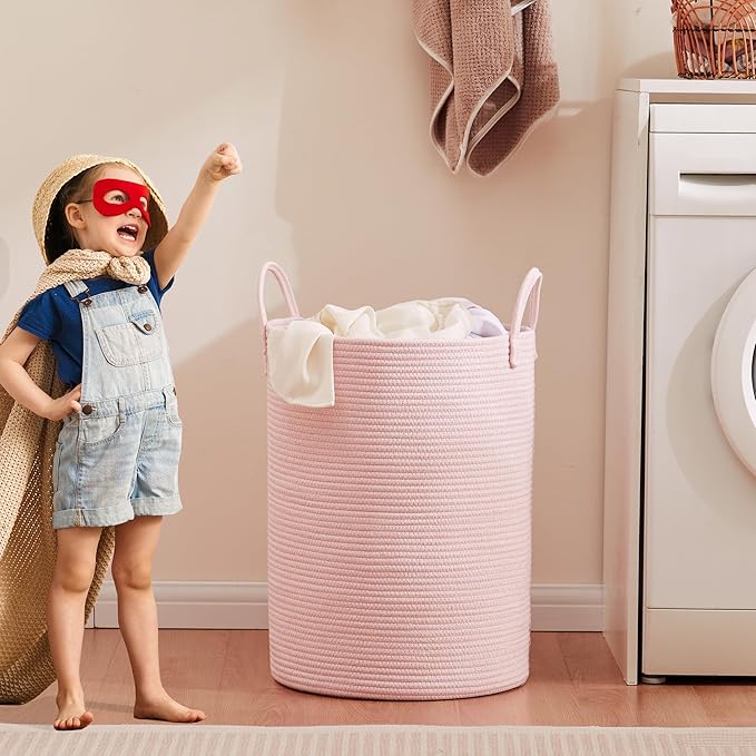 15Dx20H inches Large Pink Hamper Laundry Basket for Baby Kids Woven Rope Nursery Hamper for Girls Room Bedroom Kawaii Laundry Bin 60L Capacity
