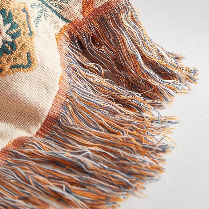 Boho Throw Blanket for Couch Sofa Bed, 100% Cotton Woven Quilt with Tassel 60”x80”, Super Soft Muslin Blanket with Floral Printed, Decorative Reversible Bed Blanket/Cover for All Seasons