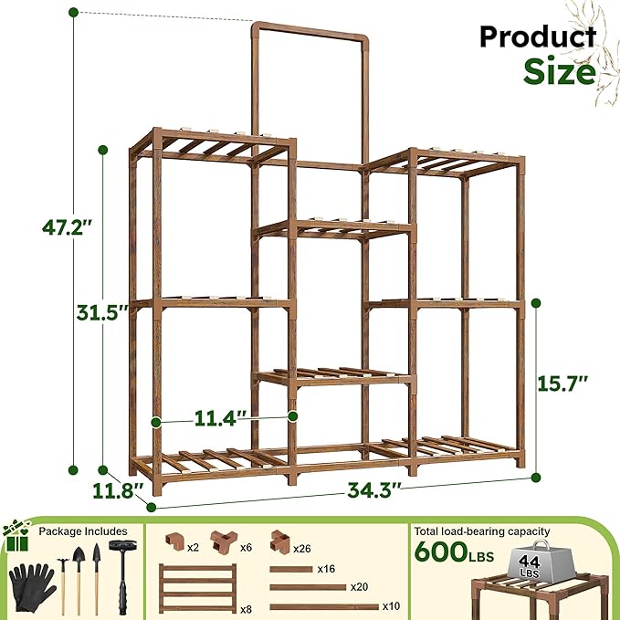 EnHomee Plant Stand, 8 Tiers Indoor Plant Stand for Multiple Plants Pot, Wood Plants Shelves for Living Room, Patio, Balcony, Yard, Garden, 34.3" W x 11.8" D x 47.2" H