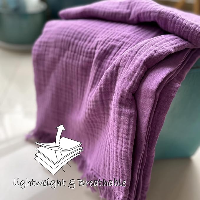 KyraHome 100% Organic Cotton 50"x60" Muslin Throw Blankets for Adults, Kids, Picnic, Travel, Plant Dyed, Lightweight Gauze Soft Cotton Throw Blankets for Couch, All Season, Purple/Lavender