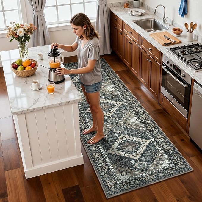 Lessymo Washable Runner Rug for Hallway, Black Brown 2.6 x 8 Entryway Rugs Boho Faux Wool Low Pile Long Rug for Bedroom, Floral Medallion Vintage Rugs with Non-Slip Rubber