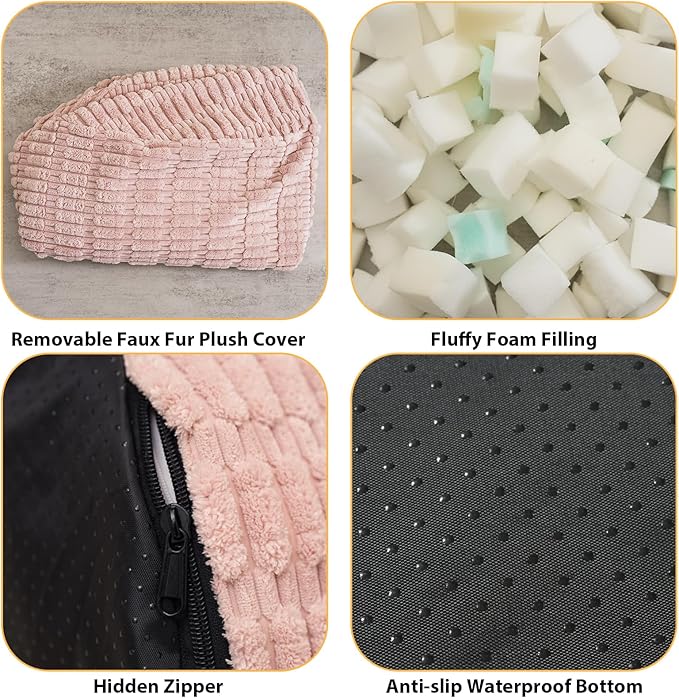 Round Stuffed Pouf Ottoman for Foot Rest, Storage Ottoman Pouf Foot Stool Cushion, Faux Fur Poufs with Foam Chunk Filling, 20 X 15 Inch Floor Chair for Living Room Bedroom Home Decor, Pink