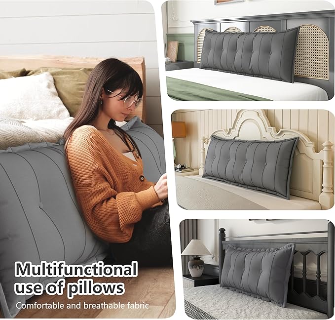 Johnear Large Headboard Pillow Cotton Linen Daybed Cushion Backrest Bolster Pillow Support Positioning Bed Sofa Rest Reading Pillow (Gray, King, 76 X 3 X 20 inches)