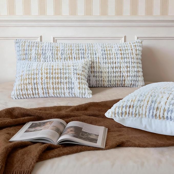 Boho Chenille Tufted Pillow Cover 14x36 Inch Set of 1, Farmhouse Striped Decorative Pillow Covers Accent Fluffy Neutral Long Body Bolster Pillow for Couch Sofa Bedroom Living Room, Gray Khaki