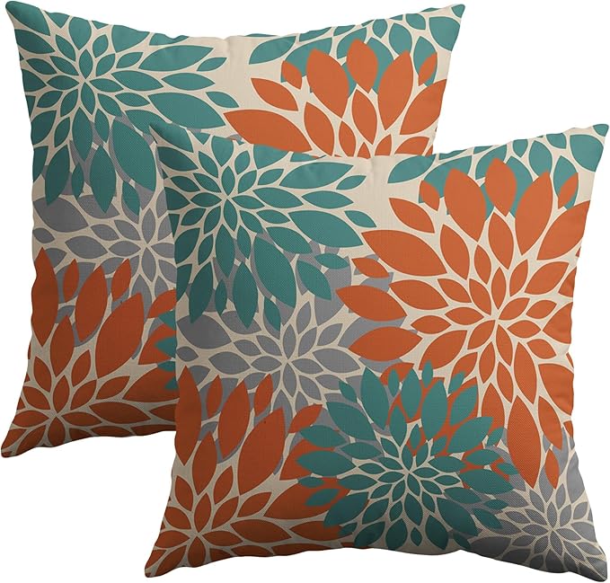 Teal Orange Gray Grey Pillow Covers 18X18 Inch Set of 2, Spring Modern Geometry Dahlia Floral Print Decorative Throw Pillow Covers Outdoor Farmhouse Cushion Case for Couch Sofa Bed Decor