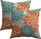 Teal Orange Gray Grey Pillow Covers 18X18 Inch Set of 2, Spring Modern Geometry Dahlia Floral Print Decorative Throw Pillow Covers Outdoor Farmhouse Cushion Case for Couch Sofa Bed Decor