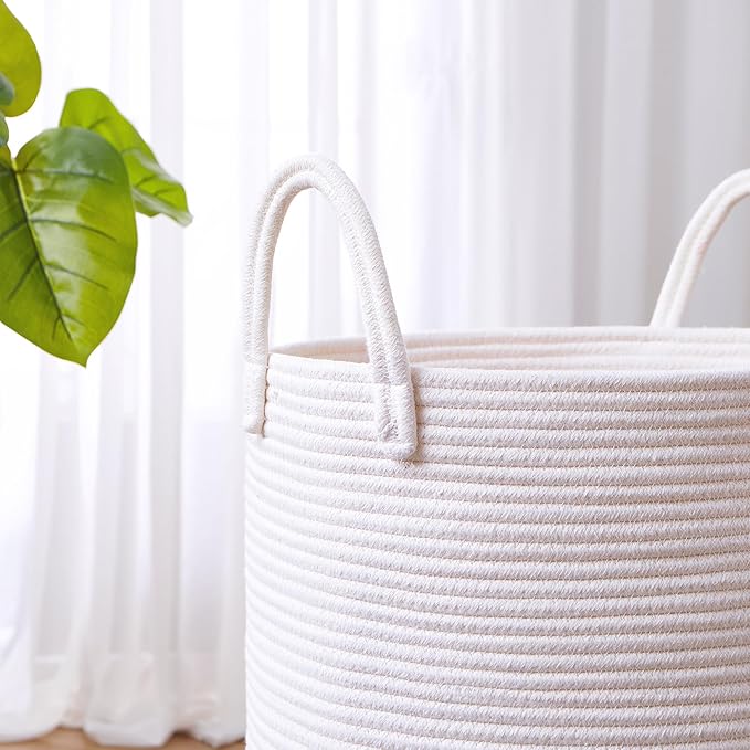 60L Pure White Woven Hamper Laundry Basket Cotton Rope Blanket Basket for Living Room 15Dx20H inches Tall Clothes Hamper for Baby Nursery Kids in Bedroom