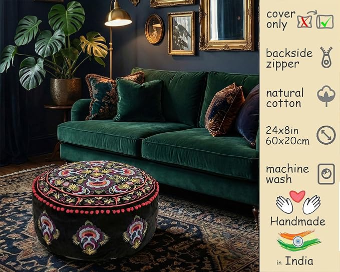 Mandala Life ART Round Black Velvet Pouf Cover - Soft Embroidered Ottoman Slipcover with Moroccan Design, 24 Inch Diameter, Ideal for Living Room, Bedroom, or Meditation Space - Floow Pillow Cushion
