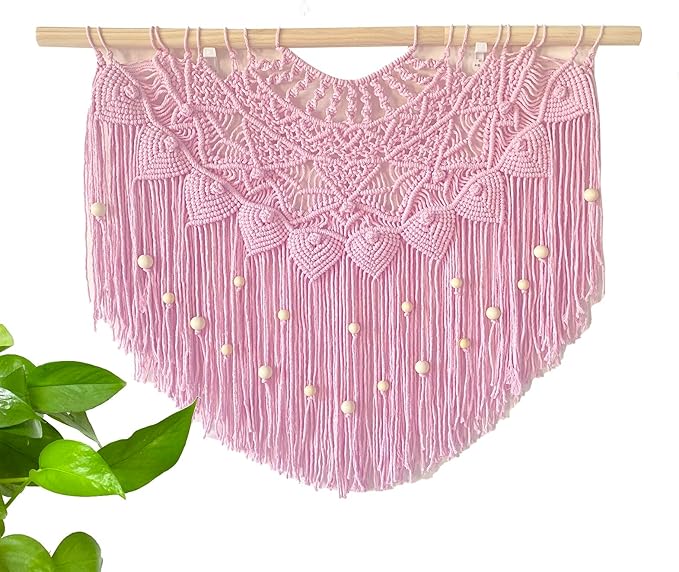 Youngeast Large Macrame Wall Hanging Boho Beaded Curtain for Window Macrame Bedroom Headboard Living Room Wall Art Tassel Tapestry Bohemian Woven Wall Decor 31" W X 25" H (Pink)