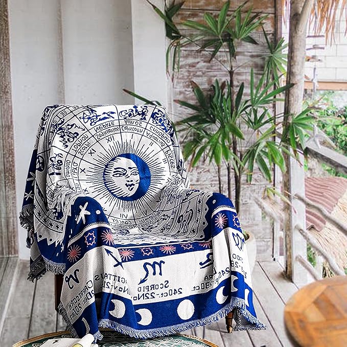 Boho Throw Blankets Woven Reversible Cotton Bohemian Tapestry Hippie Room Decor Witchy Astrology Zodiac Celestial Constellation Carpet Bed Recliner Chair Couch Sofa Cover Double Sided 50"x70"