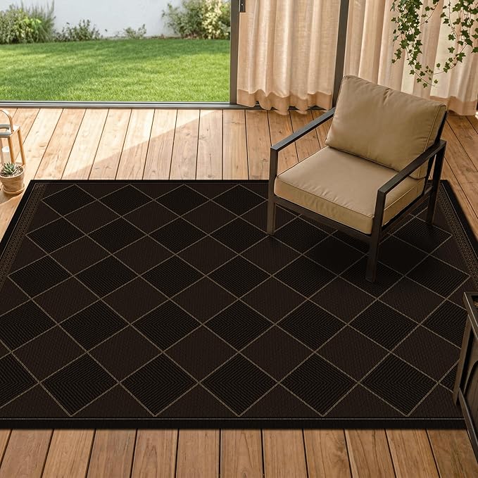 Dark Brown Diamond Checkered Easy Jute Rug 4x6, Non Slip Stain Resistant Checkerboard Area Rug, Low Pile Indoor Outdoor Carpet for Entryway, Living Room, Porch & Office, Mid-Century Modern Style Decor