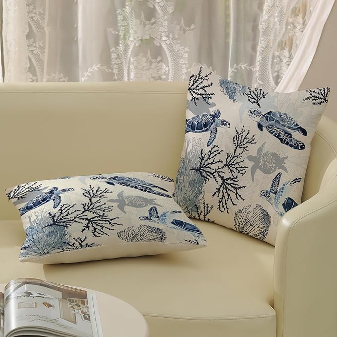 Nautical Coastal Pillow Covers 20x20 Set of 2 Beach Themed Ocean Coral Sea Turtle Decorative Throw Pillows Blue Outdoor Decor Pillow Cases Linen Farmhouse Cushion Case for Sofa Home Holiday