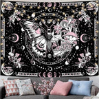 Skeleton Butterfly Tapestry Pink Skull Hippie Mushroom Plants Tapestry for Bedroom Moon phase Aesthetic Tapestries Wall Hanging for Living Room Dorm (Pink, 60” x 44”)