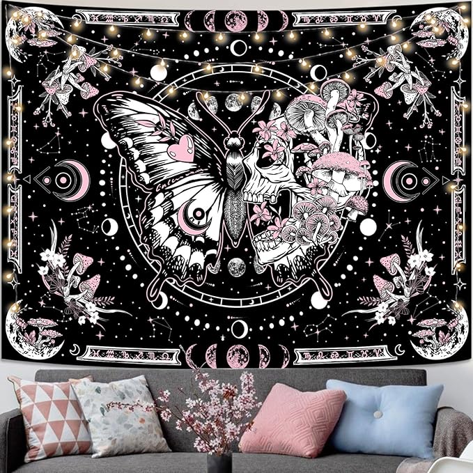 Skeleton Butterfly Tapestry Pink Skull Hippie Mushroom Plants Tapestry for Bedroom Moon phase Aesthetic Tapestries Wall Hanging for Living Room Dorm (Pink, 90” x 68”)