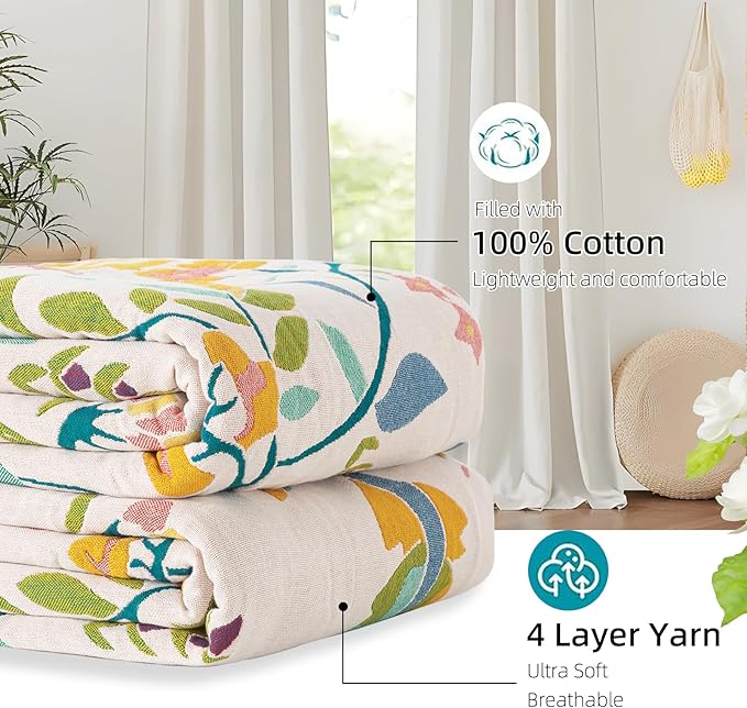 Boho Throw Blanket for Bed, 100% Pure Cotton Ultra Soft Rustic Quilt, Farmhouse Decor Bed Blankets, All Season Rustic Throw for Sofa Couch Chair(91"x 98", Boho Floral)