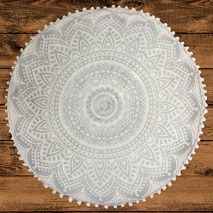 Mandala Life ART Yoga Decor Floor Cushion Cover - Round Meditation Pillow Case - Hand Printed Organic Cotton Pouf