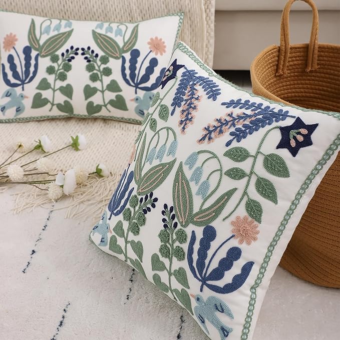 Tosleo Flower Embroidered Throw Pillow Covers 16x16 Pack of 2 Green Leaves with Birds Floral Tufted Pillowcases Spring Summer Decor Coastal Pillow Cushion Cases Square Navy Blue Flower Pillow Case