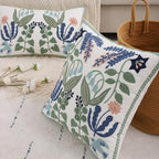Tosleo Flower Embroidered Throw Pillow Covers 16x16 Pack of 2 Green Leaves with Birds Floral Tufted Pillowcases Spring Summer Decor Coastal Pillow Cushion Cases Square Navy Blue Flower Pillow Case