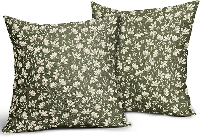Olive Green Pillow Covers 20x20 Set of 2 Vintage Floral Rustic Old Style Cute Flower Print Decorative Outdoor Pillowcases Seasonal Farmhouse Throw Cushion Case Decor for Couch Sofa Bed