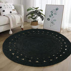 Hand Woven Braided Jute Rug - 5' Round - Black Reversible Farmhouse Rugs for Living Room, Bedroom, Dining Room, Kitchen - Natural Decorative Floor Boho Entry Area Rugs - Round Rug 5ft
