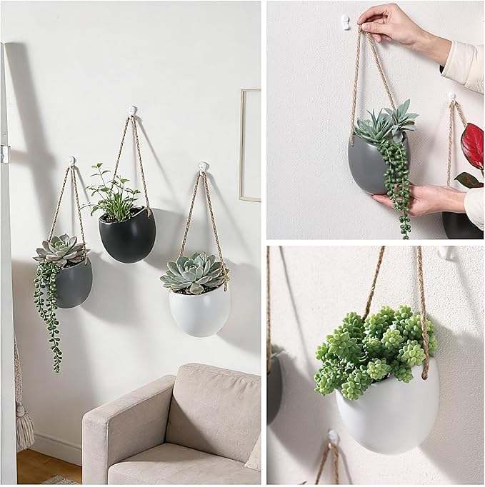 Set of 3 Ceramic Hanging Planters for Small Plants & Artificial Greenery, Wall Decor for Bathroom Living Room Bedroom Home Office Corridors