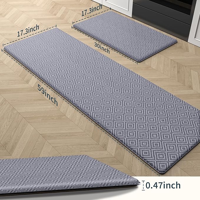 Mattitude Kitchen Mat 2PCS Kitchen Rugs Cushioned Anti-Fatigue Rug Waterproof Standing Desk Mat Kitchen Mats for Floor Kitchen Rug Set for Kitchen, Sink, Office 17.3"×30"+17.3"×59"-0.47inch Light Grey