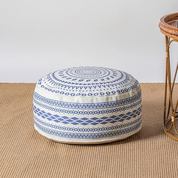 MOCOFO Unstuffed Round Pouf Covers Boho Colorful Geometric Ottoman Pouf Cover with Handle Design,Decoration Footstool for Living Room,Bedroom,Patio (Blue,18x18x8)