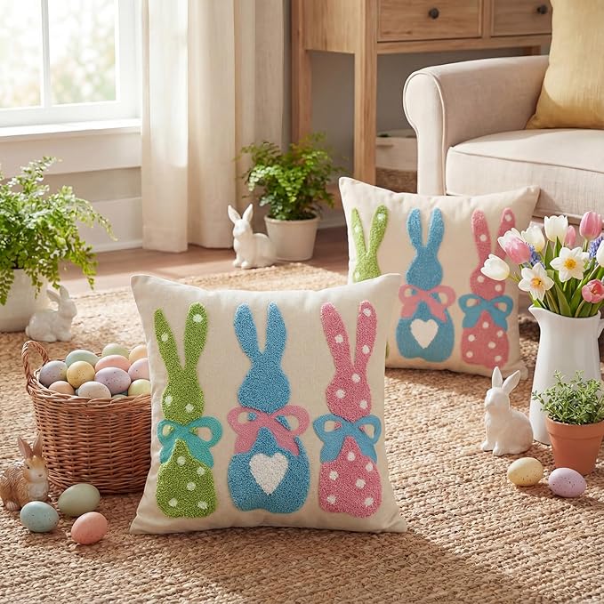 AVOIN colorlife Easter Polka Dot Heart Colorful Bunny Embroidered Throw Pillow Covers, 18 x 18 Inch Bow Rabbits Tufted Patterned Linen Decoration Cushion Case for Sofa Set of 2