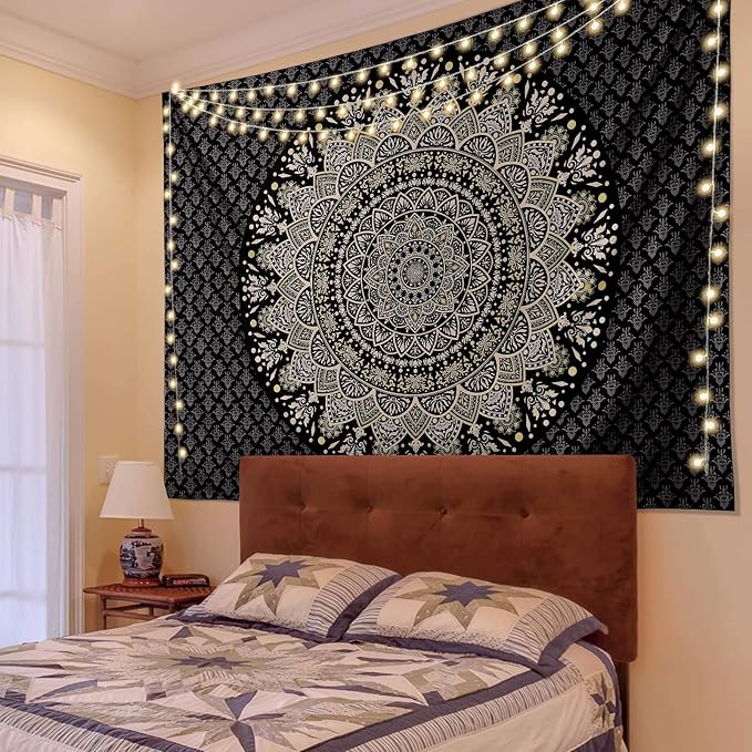 Edeesky Black Golden Mandala Tapestry Wall Hanging Psychedelic Medallion Wall Tapestry Aesthetic Indian Hippie Decor Bohemian Art Boho Home Decoration for Bedroom,Living Room,Dorm