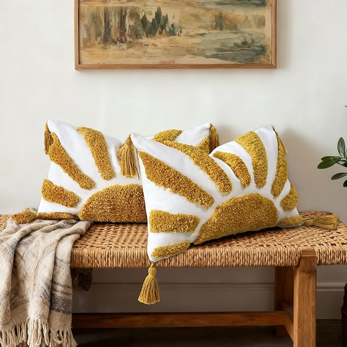 Boho Throw Pillow Covers 12x20 Inch Sun Tufted Lumbar Pillow Covers with Tassels, Bohemian Farmhouse Decorative Cushion Cover for Couch Sofa Bedroom Living Room Home Decor (Yellow-Thick)