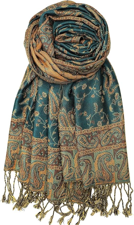 Achillea Reversible Paisley Pashmina Rave Scarf – Exotic Indian Shawls and Wraps for Evening Dresses, Festivals, All Seasons