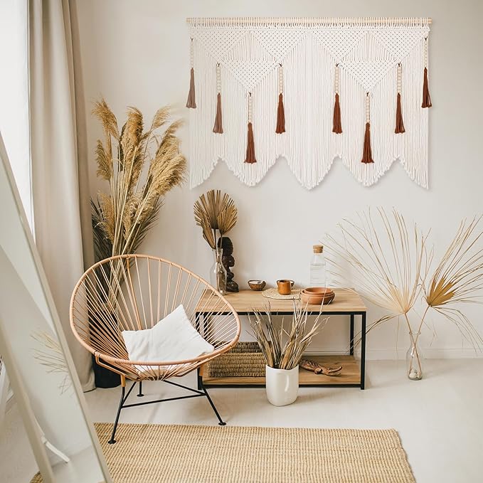 ANROYE Large Macrame Wall Hanging, Boho Woven Tapastry with Wood Bead Tassel, Above Bed Minimalist Decor for Bedroom, Bohemian Art Decoration for Living Room Apartment Home