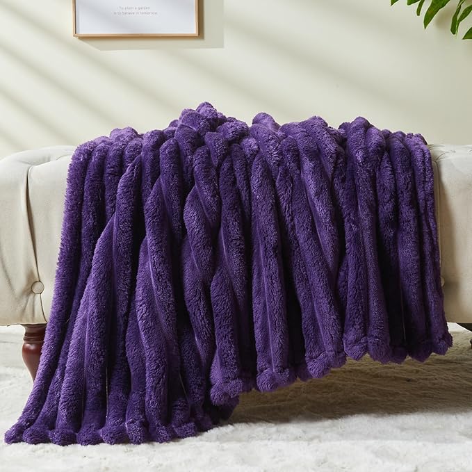 NEWCOSPLAY Super Soft Queen Blanket Purple Premium Silky Flannel Fleece 3D Ribbed Jacquard Lightweight Bed Blanket All Season Use (Purple Ribbed, Queen(90"x90"))