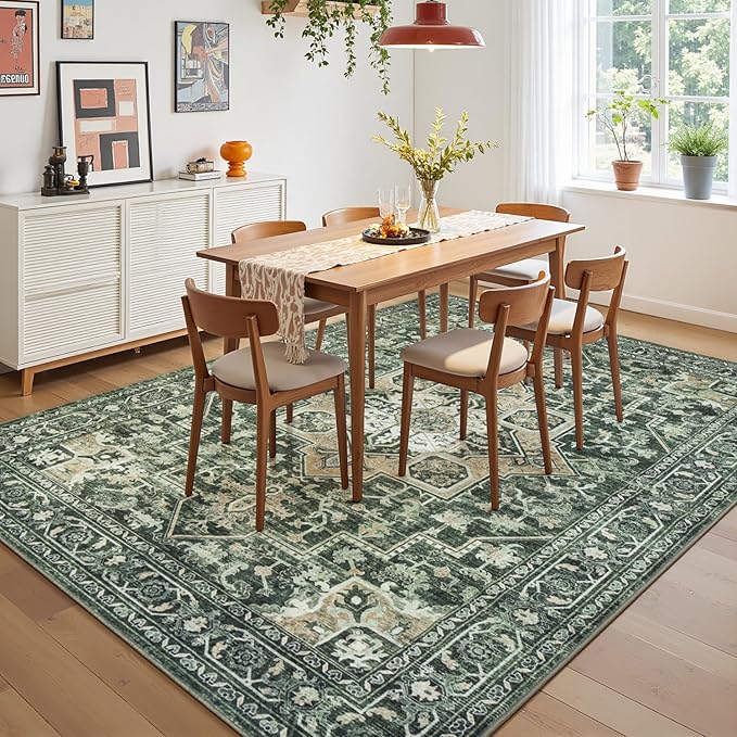 Lessymo 5x7 Washable Area Rugs for Living Room, Soft Green Boho Rug for Bedroom Kitchen Dining Room, Vintage Carpet Non Slip Low Pile Rug Stain Resistant for Nursery Home Office Indoor, Green/Yellow