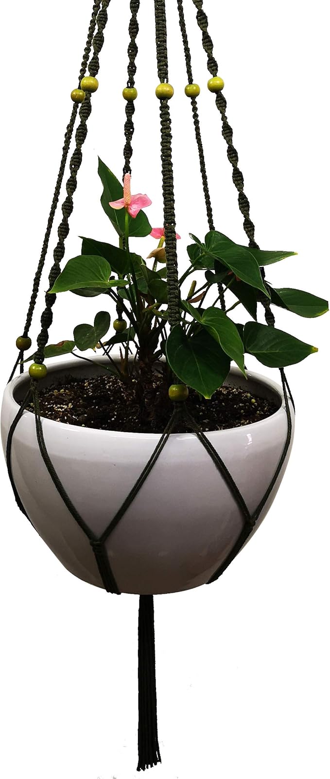 Plant Hanger Macrame Cotton 6 Legs 51 Inches in Tan and Green Color for Indoor Outdoor, Living Room, Kitchen, Deck, Patio, High and Low Ceiling with Size of 10-12 inches Without THE Pot (Dark Green)