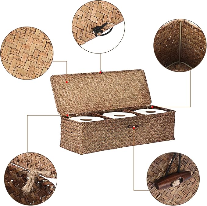 Sumnacon Extended Seagrass Storage Basket with Lid 3-Section Wicker Storage Basket,Small Woven Shelf Basket for Toiletries Tampon Storage,Seagrass Basket for Shelf Bathroom Toilet Counter,Coffee