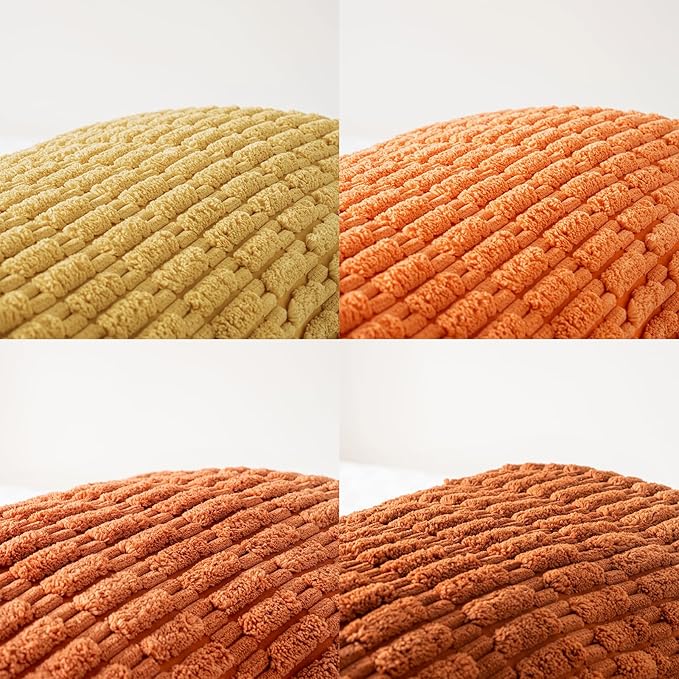 Fancy Homi Set of 4 Fall Decorative Throw Pillow Covers 12x12 Inch for Couch Bed Chair, Burnt Orange Series Farmhouse Boho Room Decor, Soft Fuzzy Corduroy Textured Striped Cushion Case 30cm