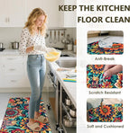 Flower Rugs for Kitchen Floor, 2PCS Anti Fatigue BohoFloral Kitchen Rugs Mats for Floor Rubber Non Slip, Washable Cushioned Colorful Flower Carpet Rug for Sink Laundry 15.7"×27.5" +15.7"×47" 3.5mm