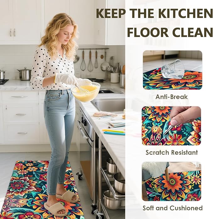Flower Rugs for Kitchen Floor, 2PCS Anti Fatigue BohoFloral Kitchen Rugs Mats for Floor Rubber Non Slip, Washable Cushioned Colorful Flower Carpet Rug for Sink Laundry 15.7"×27.5" +15.7"×47" 3.5mm