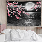 LB Pink Cherry Blossom Tapestry Full Moon with Grey Cloud in Night Sky Wall Tapestry Black Ocean Scenery Tapestries for Bedroom Living Room Dorm Wall Decor,59x51 inches