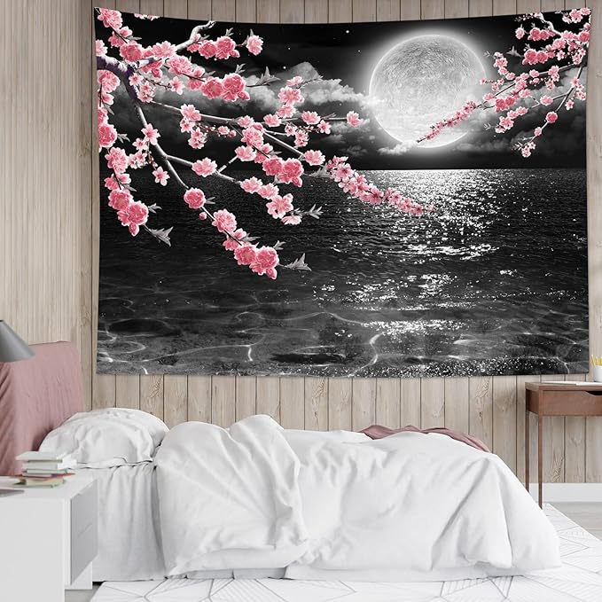LB Pink Cherry Blossom Tapestry Full Moon with Grey Cloud in Night Sky Wall Tapestry Black Ocean Scenery Tapestries for Bedroom Living Room Dorm Wall Decor,59x51 inches